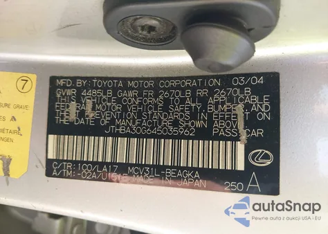 2004 Lexus Es 330 z USA, uszkodzony, nr VIN JTHBA30G645035962